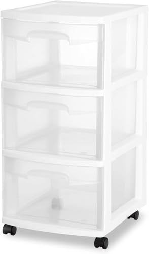 Plastic Storage Drawer Cart, Medium Home Organization Storage Container with 3 Large Drawers w/Removeable Wheels，Set of 1 (White)