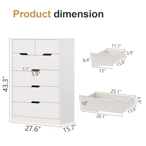 6 Drawer Dresser for Bedroom, Tall White Dresser with Large Organizer, Modern Chest of Drawers, Wooden Dresser with Deep Storage Drawer, Closet Dresser with Concealed Handle for Living Room (White)