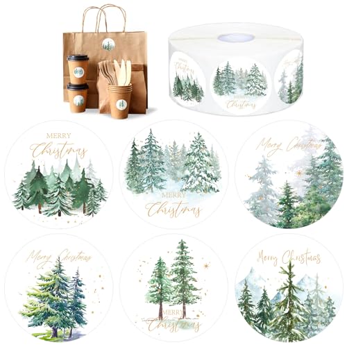 Whaline 1000Pcs Merry Christmas Stickers Roll Watercolor Forest Decals Green Xmas Tree Adhesive Decorative Round Seal Stickers for Gift Greeting Card Party Supplies