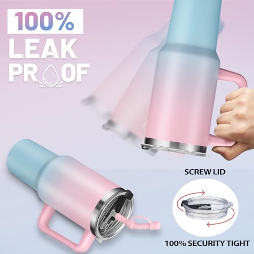 40 oz Tumbler with Handle and Straw Spout Lid - 100% Leak-proof Travel Coffee Cup, BPA Free Metal Mug, Vacuum Insulated Water Bottle- (Cold-34H & Hot-10H), Straw Cover, Silicone Boot
