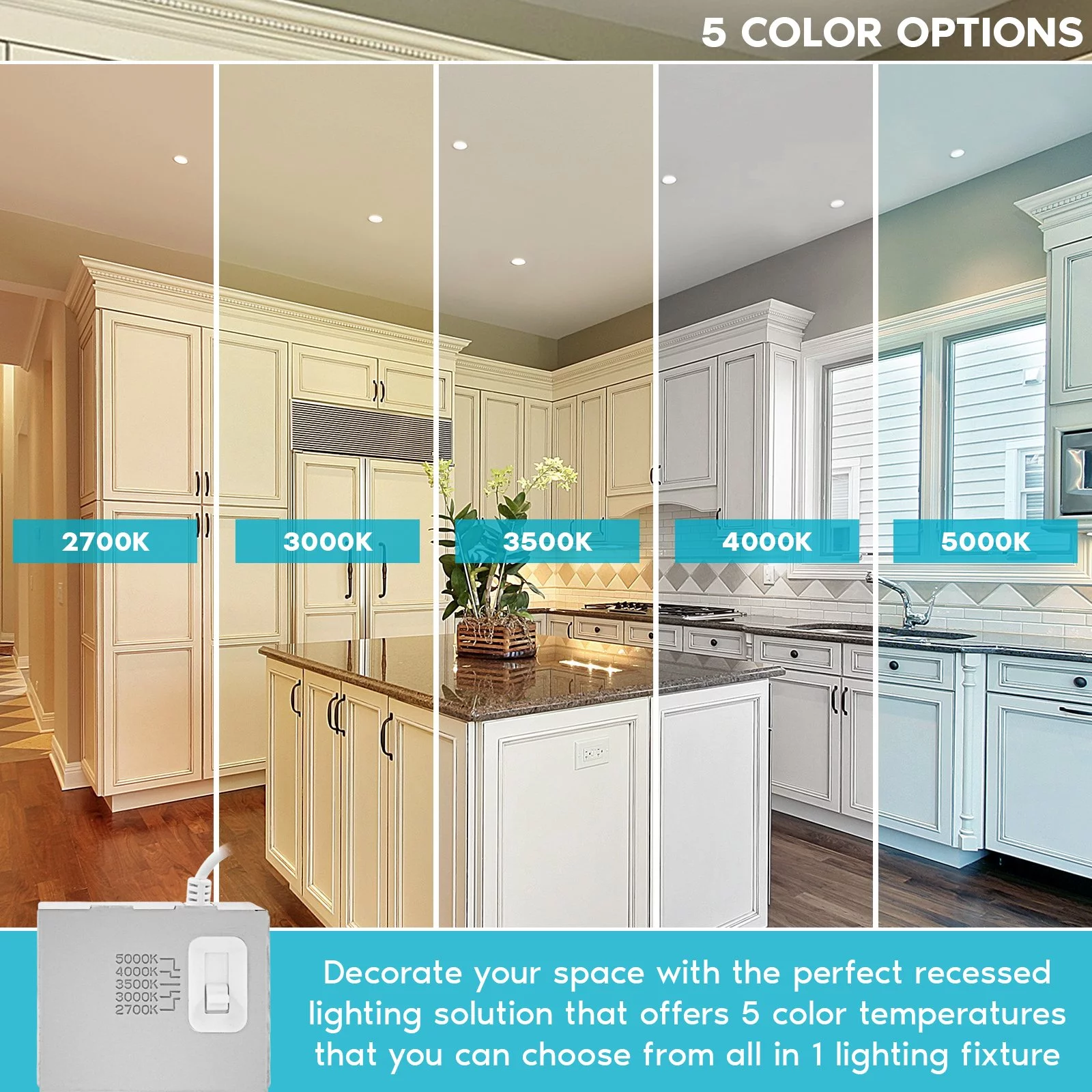 Luxrite 3 Inch Ultra Thin LED Recessed Light J-Box 6W 5 Color Options Dimmable 400 Lumens IC Rated Baffle 6 Pack