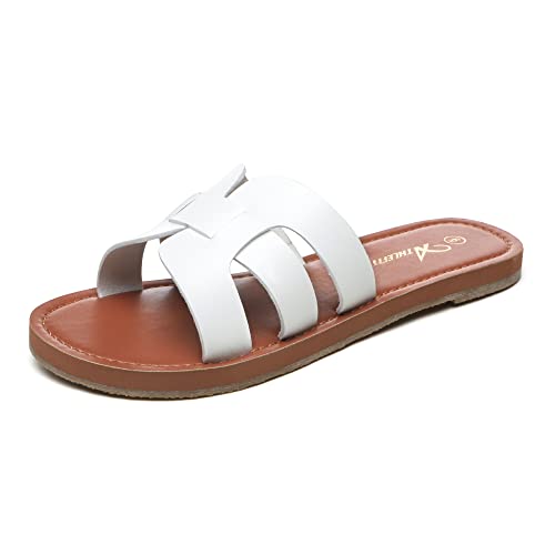 Athlefit Women's Flat Sandals Summer Casual Slip On Leather Slide Sandal