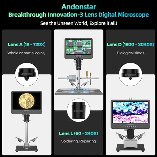 Andonstar AD246S-M Plus 7'' HDMI Soldering Digital Microscope for Electronics Repair, 2000x 3 Lens 2160P UHD Video Record, Soldering Microscope Station with Helping Hands, Coin Microscope, 32GB Card