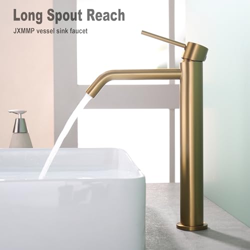 Brushed Gold Vessel Sink Faucet with Pop Up Drain and Supply Lines, Stainless Steel Gold Vanity Faucet Single Hole, JXMMP Single Handle Bathroom Faucet Gold, JXM1001BG