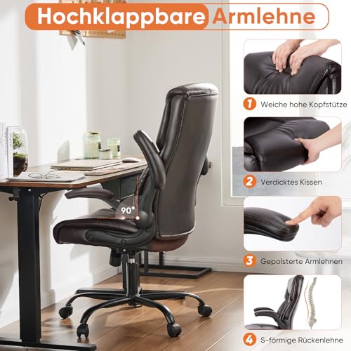 Sweetcrispy Ergonomic Computer Gaming Office Chair, Heavy Duty Task Desk Swivel Rolling Chairs with Wheels, Flip-up Arms, Adjustable Height, PU Leather, Black