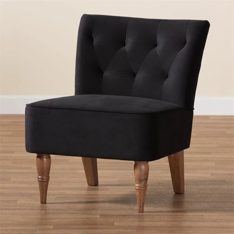 Bowery Hill Black Velvet and Walnut Brown Finished Wood Accent Chair