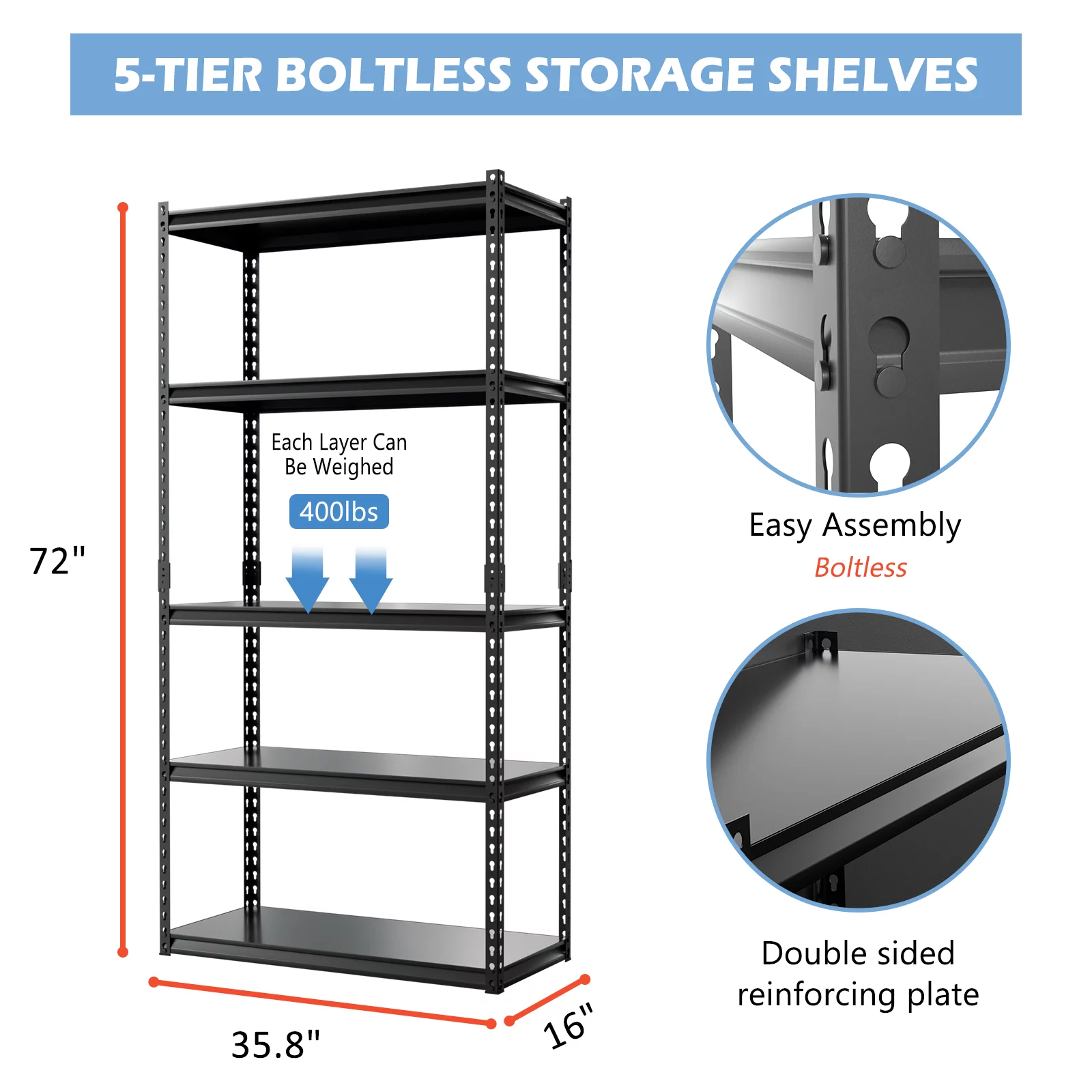 ABORON Storage Shelves,5 Tier Adjustable Garage Storage Shelving, Heavy Duty Metal Storage Utility Rack Shelf Unit for Warehouse Pantry Closet Kitchen, 36