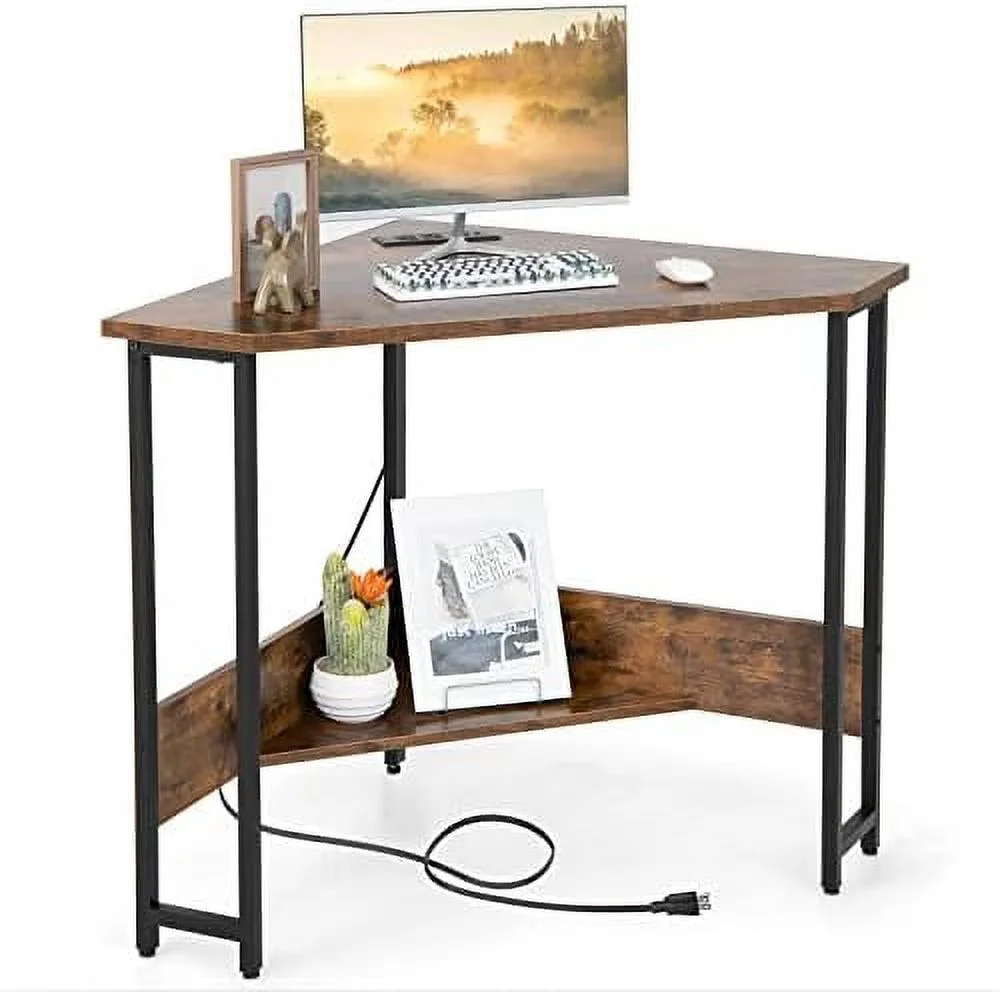 TJUNBOLIFE Corner Desk with Power Outlet  Triangle Computer Desk for Small Space  Space-Saving Writing Desk with   and Charging Station  Modern Laptop PC Desk for Home Office (Rustic Brow