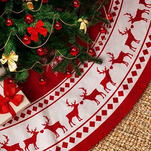Lukisesy Christmas Tree Skirt 48 inch Tree Skirt Large Snowflake Reindeer Red Xmas Tree Skirt Rustic Christmas Decorations for Winter New Year Holiday Party Decor Indoor Outdoor, RED48IN
