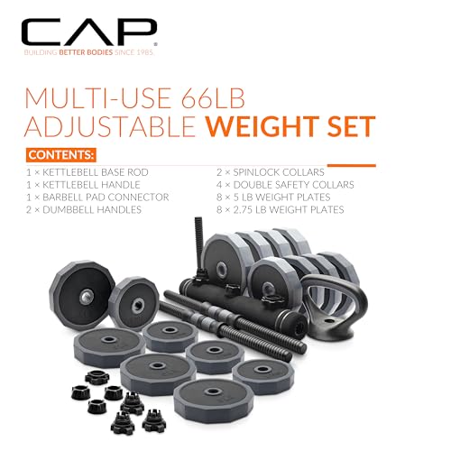 CAP Barbell 66 lb Multi-Use Adjustable Weight Set - Versatile Dumbbell, Barbell & Kettlebell for Full-Body Workouts | Gray