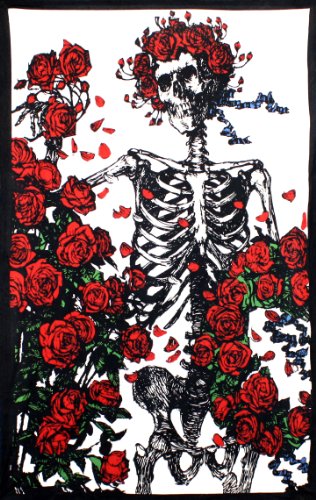 Sunshine Joy Grateful Dead 3D Bertha Skeleton and Roses Tapestry Wall Art Beach Sheet Huge 60x90 Inches - Amazing 3D Effects