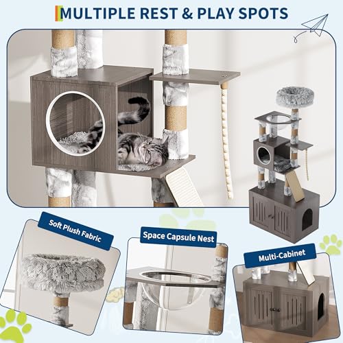 Cat Tree with Litter Box Enclosure, 2-in-1 Cat Tower, 66.9-Inch Tall Cat Condo with Scratching Posts, Perch (Grey)