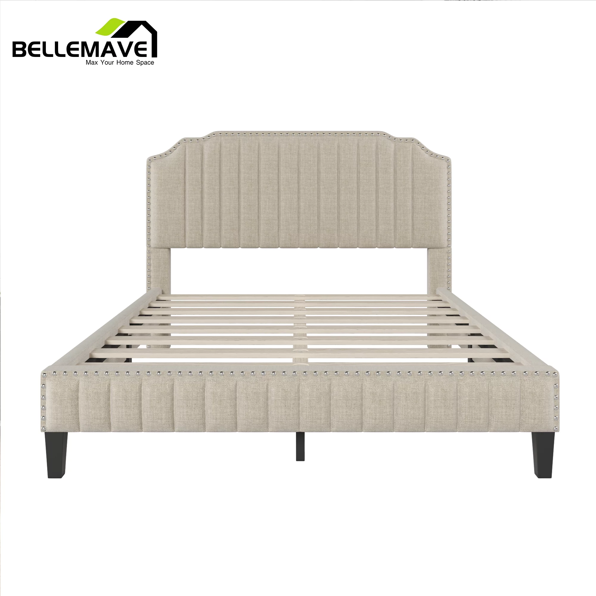 Bellemave Linen Upholstered Platform Bed Frame Queen Size, Queen Bed Frame with Headboard and Nailhead Trim, Modern Platform Bed Frame with Solid Rubber Legs, No Box Spring Needed(Cream&nbsp;)