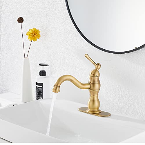 GGStudy 360° Swivel Antique Brass Bathroom Vessel Sink Faucet Single Handle One Hole Matching with Pop Up Drain