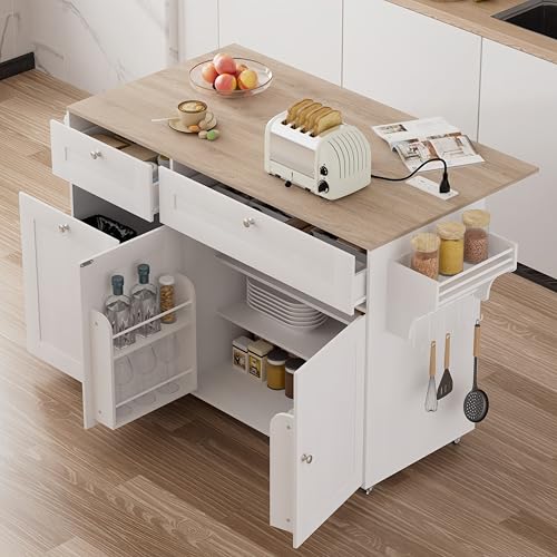 Kitchen Island with Storage, Kitchen Islands on Wheels with Drop Leaf&Power Outlet, Large Rolling Kitchen Island with Trash Can Storage, Mobile Kitchen Carts with Drawers,Spice Rack,Towel Rack (White)