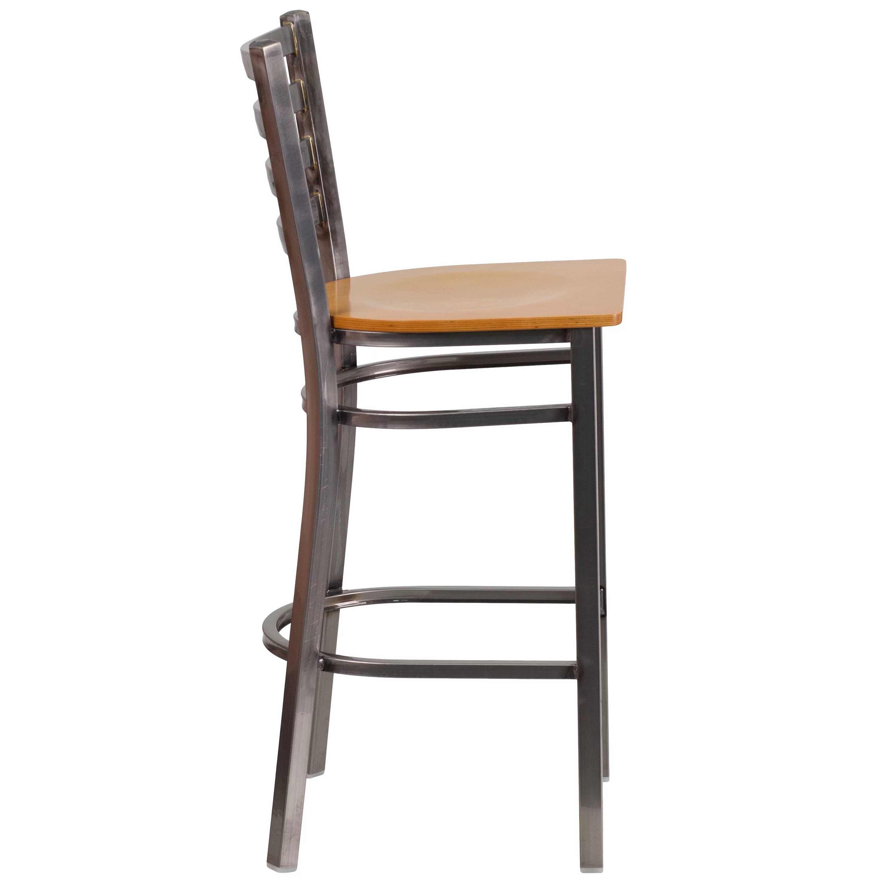 Flash Furniture HERCULES Series Clear Coated Ladder Back Metal Restaurant Barstool - Natural Wood Seat