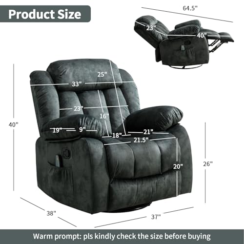 INZOY Massage Swivel Rocker Recliner with Heat and Vibration, Manual Rocking Recliner Chair with Vibrating Massage, Comfy Padded Overstuffed Soft Fabric Heated Recliner, Brown