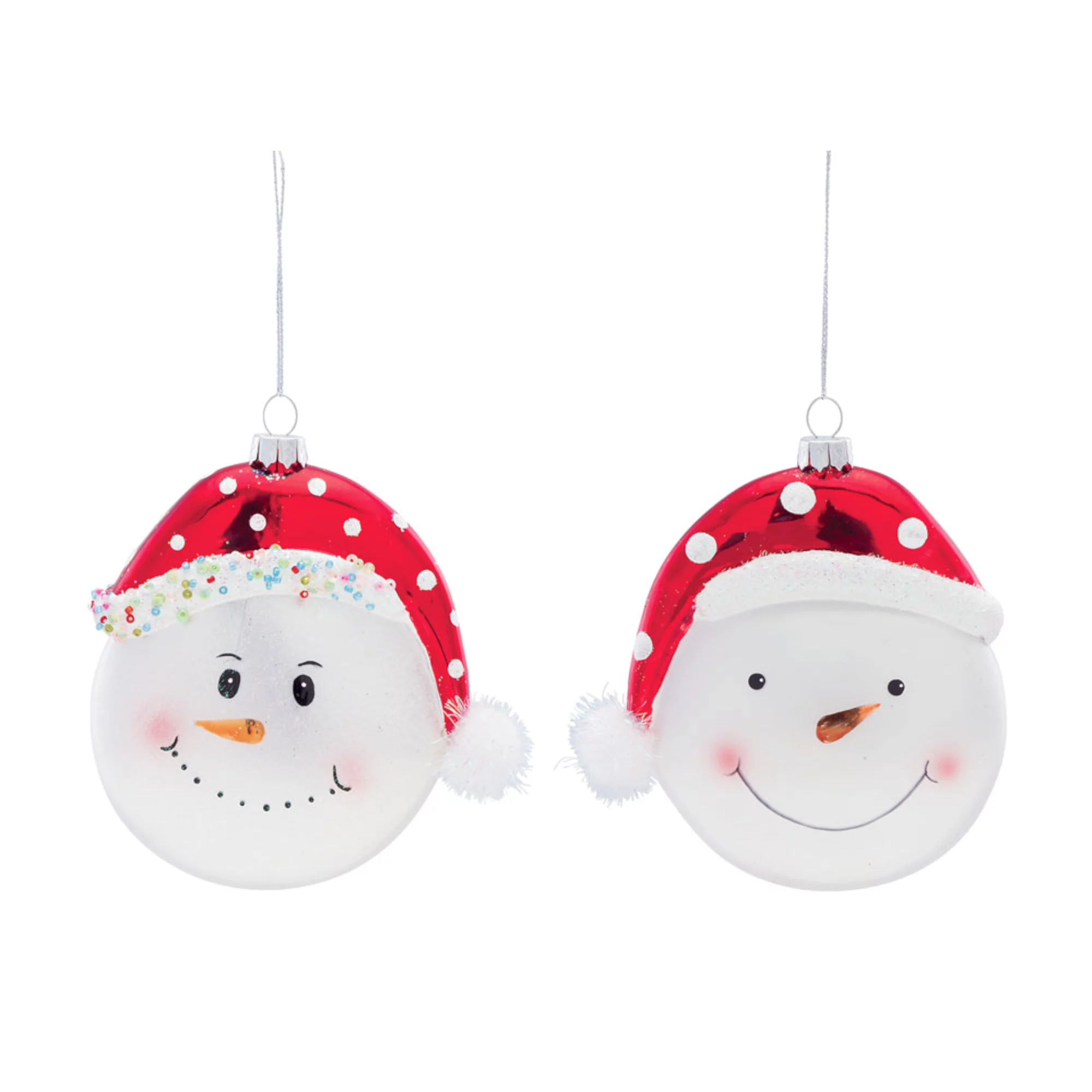 Set of 12 White, Red, and Black Home Decoration 2-Count Snowman with Hat Glass Ornament, 5