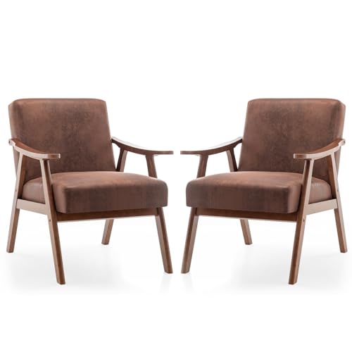 Rovibek Upholstered Accent Chair with Arms - Mid Century Modern Accent Chairs with Wood Frame, Upholstered Arm Chairs with 5.9in Thick Foam, Beige Occasional Chair, Set of 2