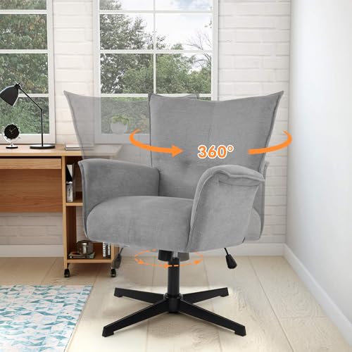 DAGONHIL Home Office Desk Chair No Wheels Armchair Linen Fabric Swivel Chair High-Back Wide Seat Upholstered Accent Chair with Metal Legs Computer Chair, Beige