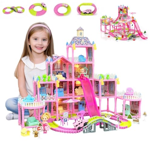 Dream Dollhouse, Racing Track, Dolls House playset with Toy Furniture and 4 Level Slide, Furniture, 3 Doll and 1 Buggy Toy and 10+ Tracks Pet and Puppy Play Area 13 Rooms