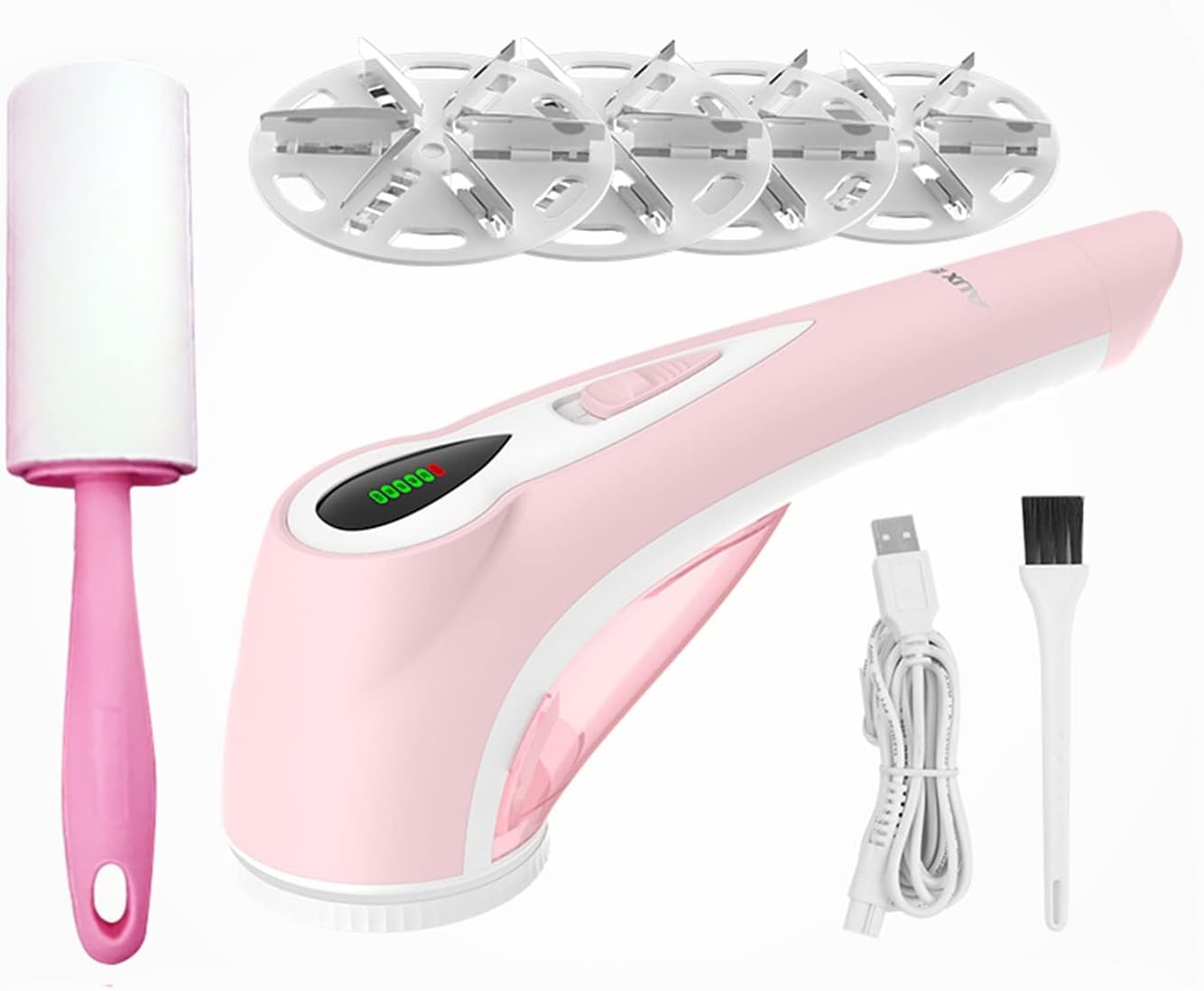 Portable Fabric Shaver Fuzz Remover 2 Speed, Lint Shaver For Clothing Rechargeable, 4 Replaceable Stainless Steel Blades & Lint Rollers, Digital Battery Display