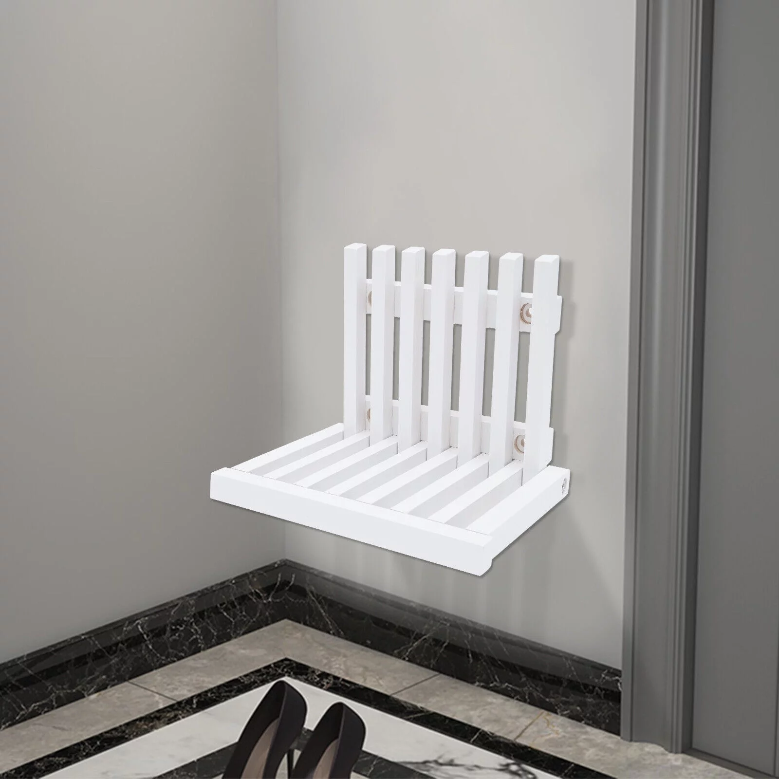 Oukaning Wall Mounted Folding Stool Chair Rubber Wood White Shower Seat Bench Load-bearing Capacity 220LBS 16x13.4in