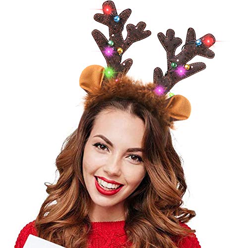 HANSGO LED Reindeer Antlers Headband with Bells - Christmas Reindeer Ears