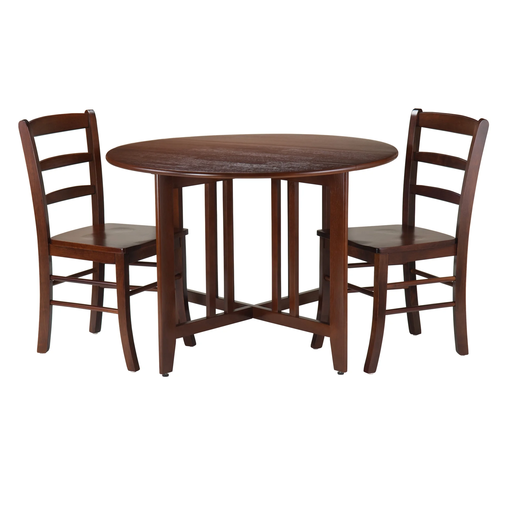 Winsome Wood Alamo 3-Pc Dining Set, Round Drop Leaf Table & 2 Ladder Back Chairs, Walnut Finish