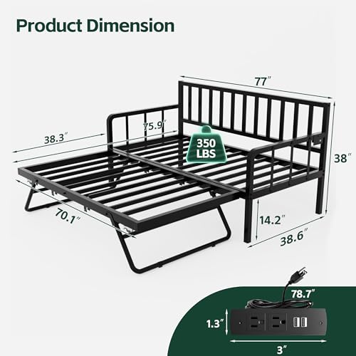 MU Daybed with Trundle Bed, Twin Bed Frame with Charging Station and LED Lights, Metal Sofa Day Bed with Pop Up Trundle and Steel Slat Support for Living Room, Bedroom and Guest Room, Black