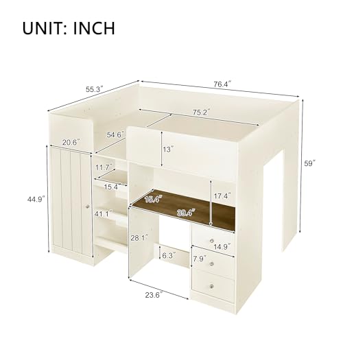 Harper & Bright Designs Full Size Loft Bed with Desk, Wood Full Loft Bed Frame with Built-in Wardrobe, Storage Shelves and Drawers, Gray