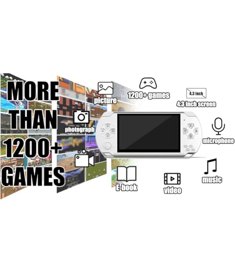 Handheld Game Console, Built-in 1200 Games 4.3’’ HD Screen Retro Gaming System, Portable Rechargeable Game Console with Dual Joystick, Support TV Output, Best Gift for Adult (White)