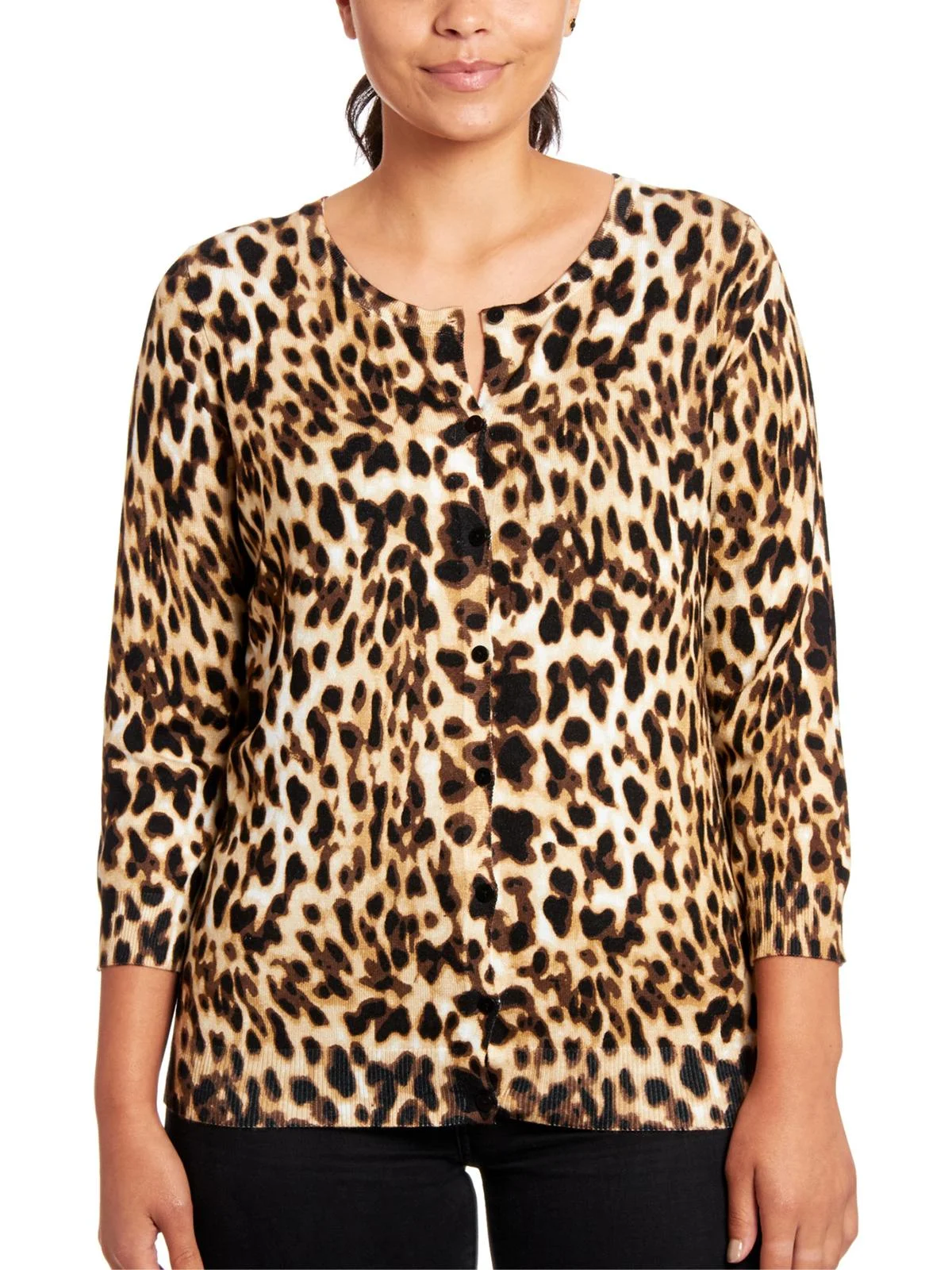 Joseph A. Womens Animal Print Three-Quarter Sleeve Cardigan Sweater