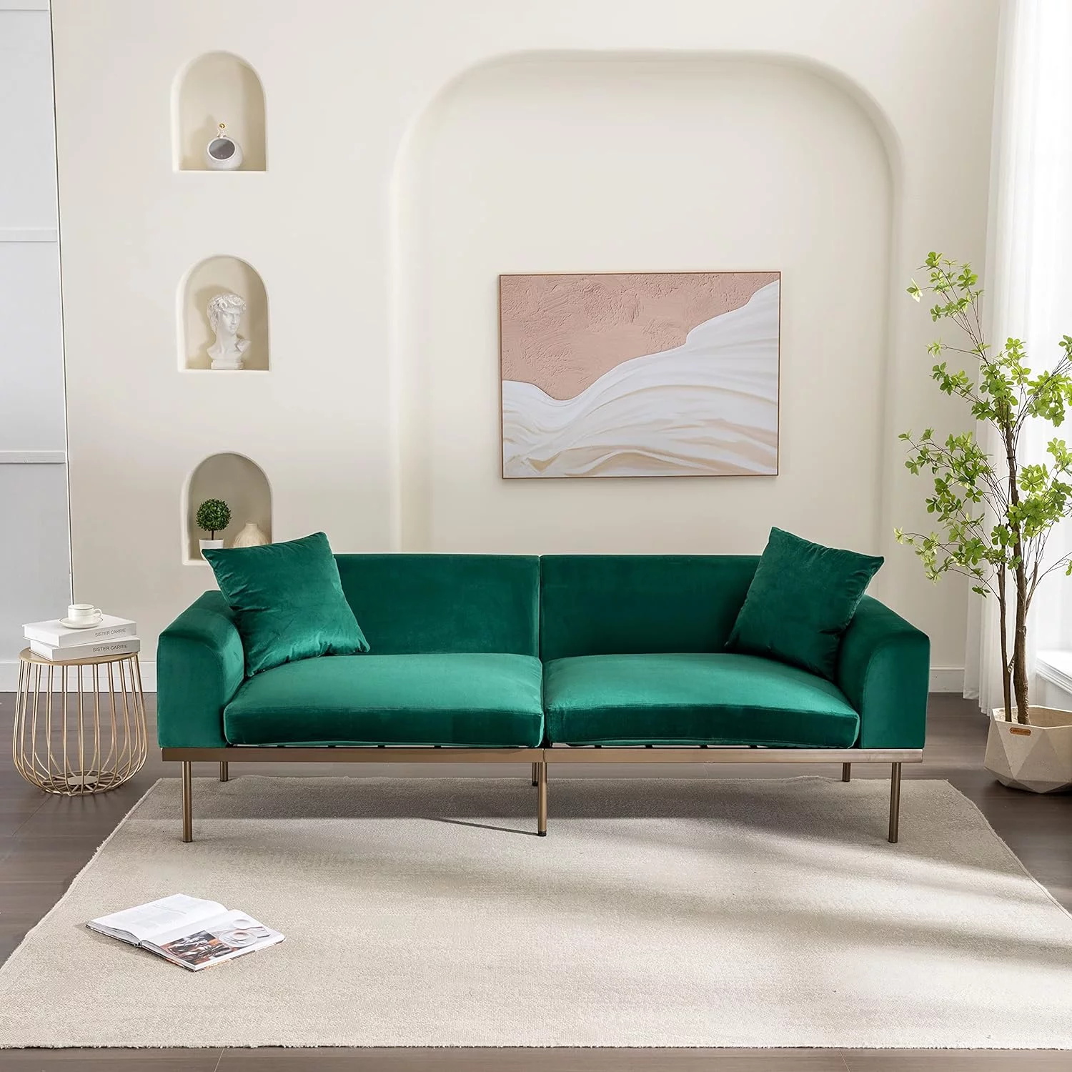 4inLoveMe Velvet Sofa Couch - 83-inch Mid-Century Modern Oversized Loveseat with 2 Pillows & Wide Metal Legs for Living Room, Apartment, Office Emerald