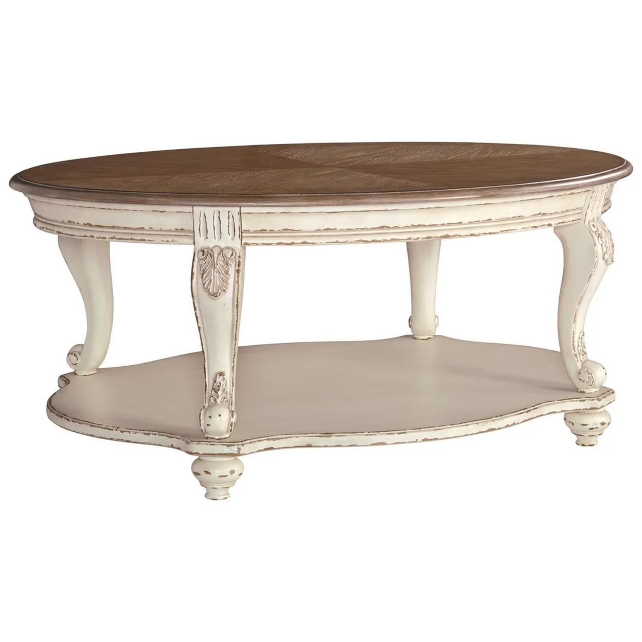 Two Tone Oval Cocktail Table with Bottom Shelf Antique White and Brown- Saltoro Sherpi