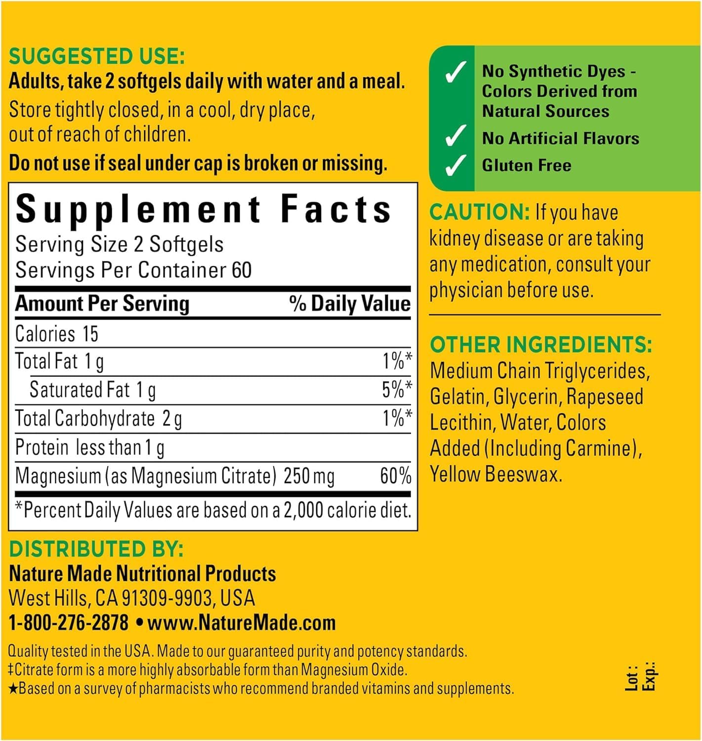 Magnesium Citrate 250 mg per serving, Compatible with Nature Made, for Muscle, Nerve, Bone and Heart Support, 120 Softgels, 60 Day Supply