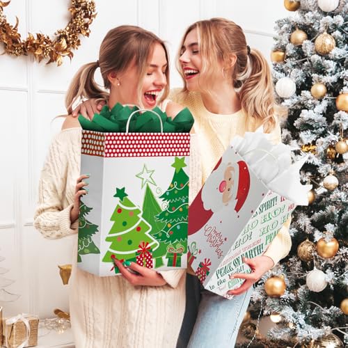 Party Funny 24 Christmas Gift Paper Bags Bulk with handles and 60 Count Christmas Gift Tags-Assorted sizes set for Wrapping Xmas Holiday Presents(6 Jumbo,6 Large,6 Medium,4 Small,2 Wine)