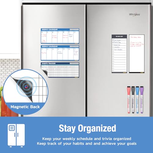 Magnetic Whiteboard for Fridge: Reusable Dry Erase Planner Board, 2 Sheets of Weekly Calenders, Habit Tracker, Memo Pad and to Do List for Refrigerator, 4 Dry Erase Markers - 5 Sheets, 4x10
