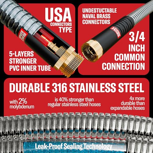 Best 100 ft Metal Garden Hose Set - No-Kink Durable 316 Stainless Steel, 10-Way Zync Spray Nozzle & Hook – Tough Flexible Heavy Duty Water Hoses, Naval Brass, Rust, Weather, LeakProof