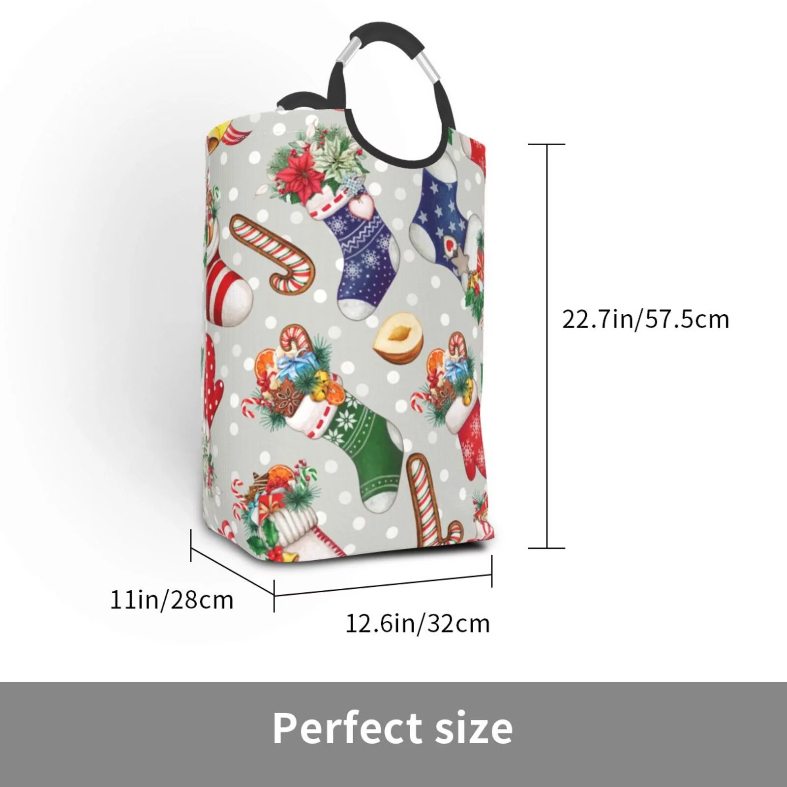 XMXT Collapsible Laundry Basket Hamper, Cartoon Christmas Stocking Large Laundry Bag Clothes Hamper with Aluminum Handle, 50L