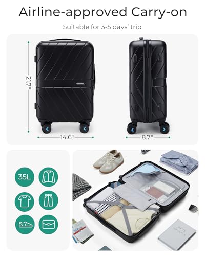 BAGSMART Carry On Luggage 22x14x9 Airline Approved With TSA Lock, 1OO% Polycarbonate Hardside Luggage with Spinner Wheels, Durable Hard Shell Carry On Suitcase 20 inch Black