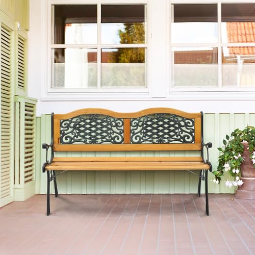 VINGLI Outdoor Bench Metal Garden Bench, Wood Patio Benches w/PVC Backrest Cast Iron Love Seat Park Benches for Porch Yard (Rose)