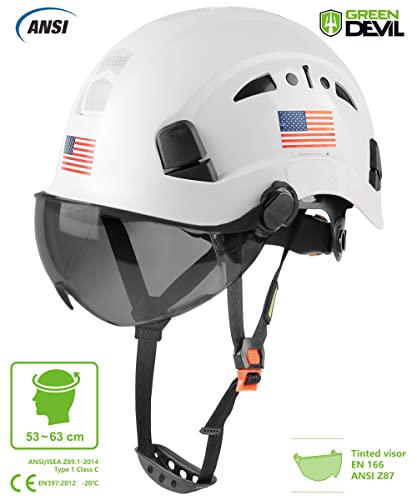 GREEN DEVIL Safety Helmet Hard Hat with Visor Chinstrap Adjustable Lightweight Vented ABS Work Helmet for Men and Women 6-Point Suspension ANSI Z89.1 Approved Ideal for Industrial & Construction