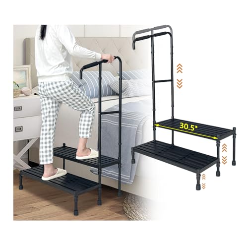 Bed Step Stool with Handle Medical Bedside Stairs for High Beds Adults Stepping Stool Assist Rail Adjustable Wide Platform Step for Elderly Seniors Handicap Mobility Two Step Stool Ramp