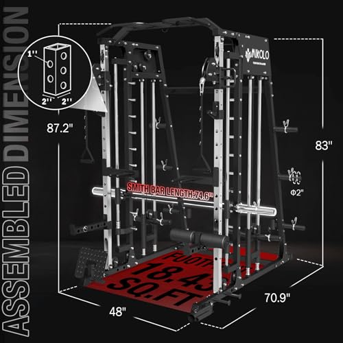 Mikolo Smith Machine, 2200lbs Squat Rack with LAT-Pull Down System & Cable Crossover Machine, Training Equipment with Leg Hold-Down Attachment