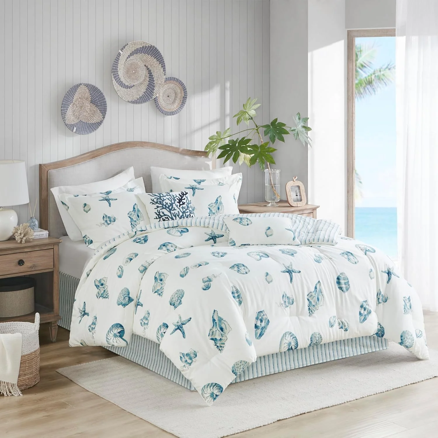 Cozy Cotto Comforter Set - Coastal, All Seaso Dow Alterative Casual Beddig With Matchig Shams, Decorative Pillows, Beach House, Reversible Seashell Blue Cal Kig(108