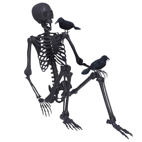 5.4Ft Halloween Skeleton,Posable Skeleton Full Size Skeleton with Movable Joints and 2PC Black Feathered Crows for Halloween Decorations Outside and Inside