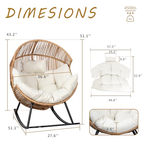 Shintenchi Wicker Egg Chair,Oversized Outdoor Indoor Rocking Chair,Large PE Rattan Rocking Chair with Cushion for Patio, Balcony, Backyard, Garden, Beige