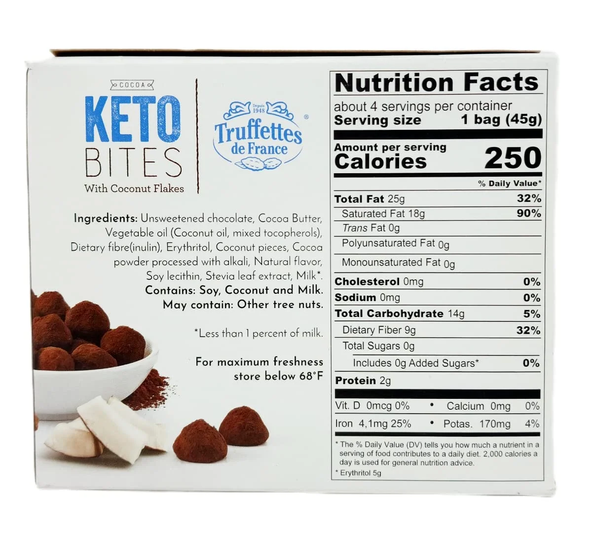 Gluten Free Truffettes de France Cocoa Keto Bites Budle - Includes Coconut Truffles and Cocoa Truffles - 4 Snack Bags Per Box - 8 Total - Comes with  Fridge Magnet