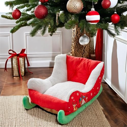 Interesting Red Christmas Cat Dog Bed, Pet Sleigh Bed, Sofa, Indoor and Outdoor Plush Synthetic Fur, Christmas Holiday Themed Pet Bed, Washable and Highly Durable (CC)